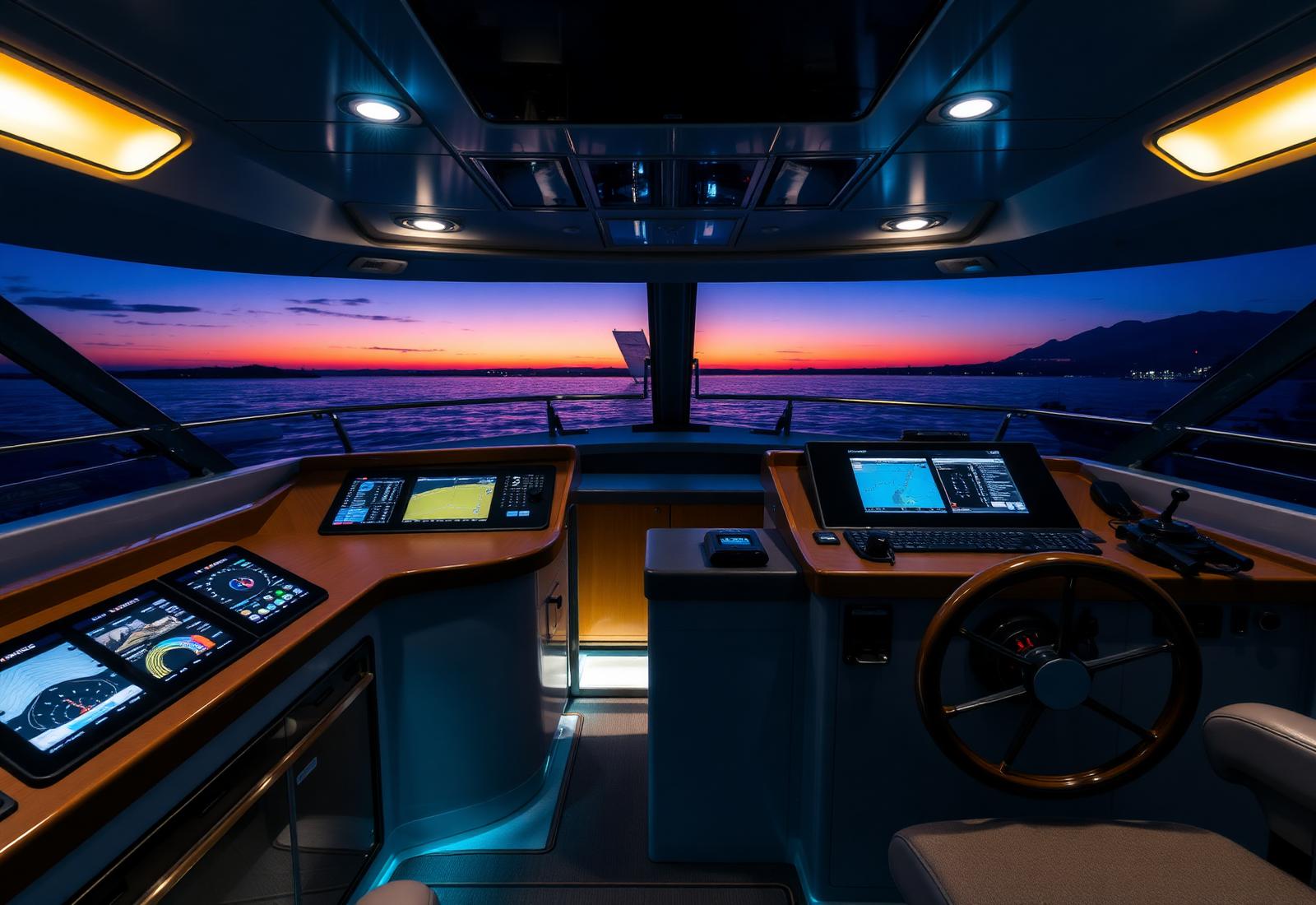 Superyacht bridge operations Modern superyacht bridge with integrated navigation displays