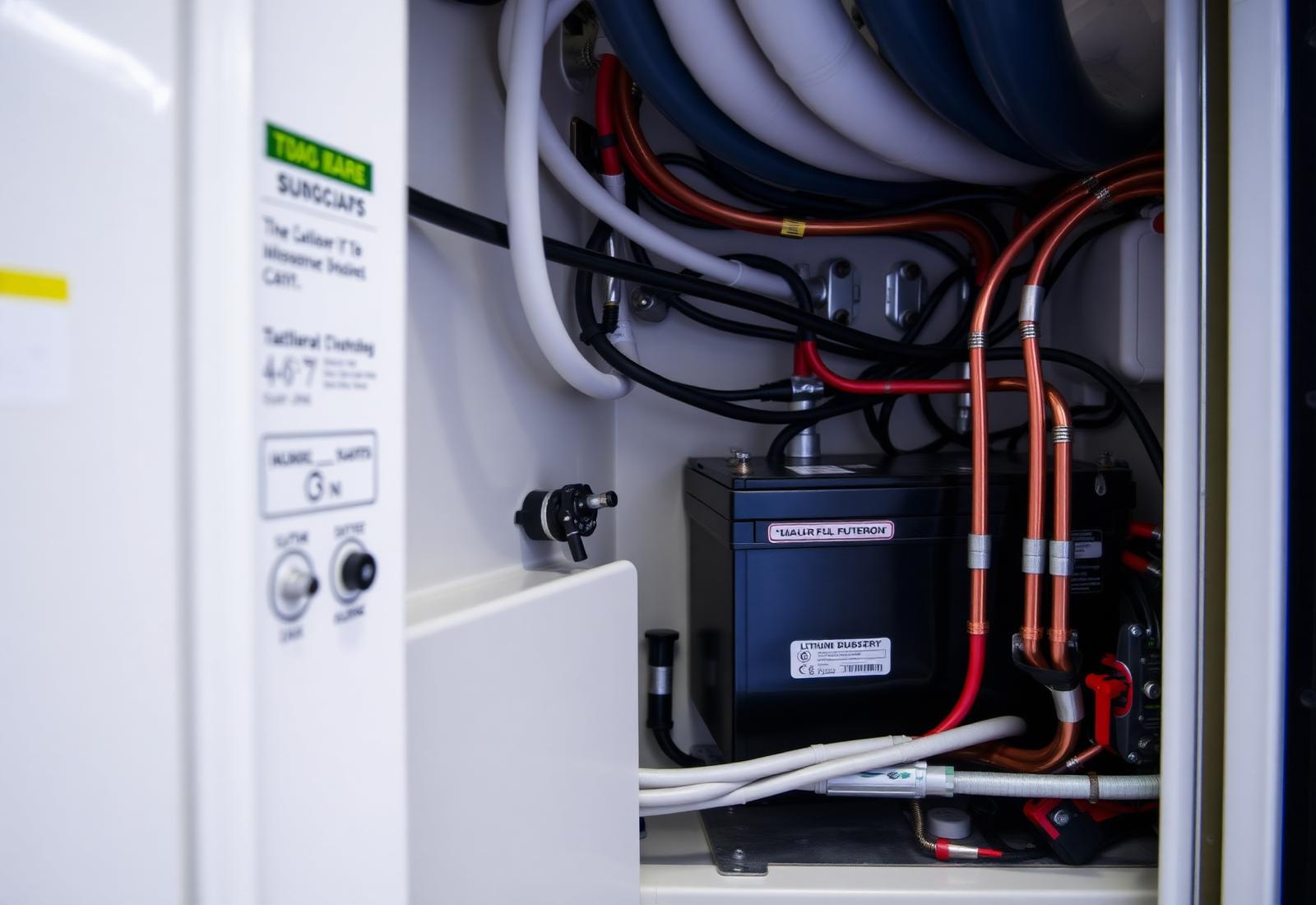 Marine electrical installation — lithium battery bank Organised marine electrical installation with lithium battery bank and cable management